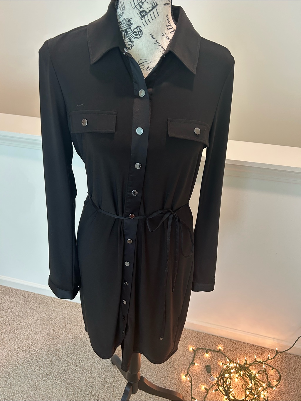 White House Black Market Black Button-Front Shirt Dress With Tie Waist Size Med